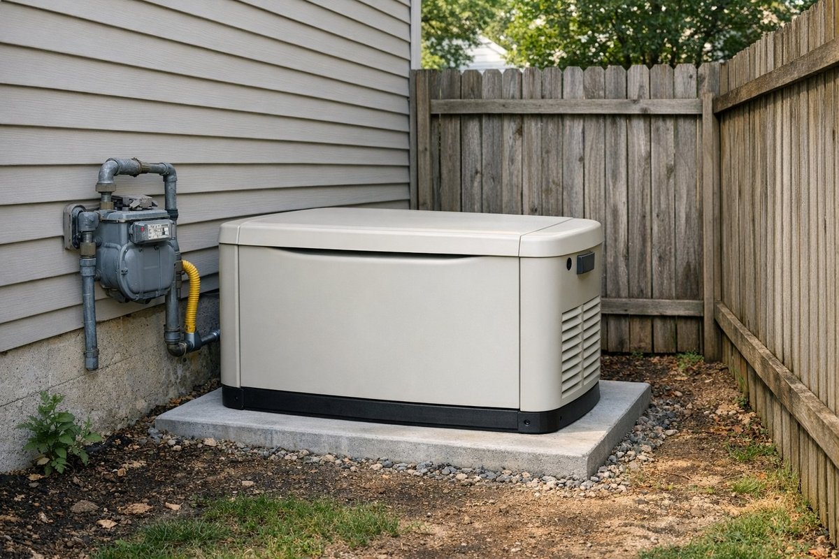 Standby home generator installed beside a house by Archvolt Electric